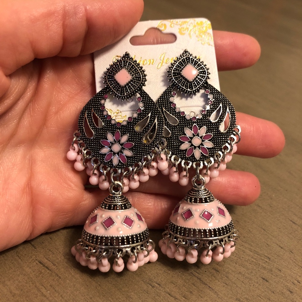 Fashion Jewelry Elegant Pink and Silver Lampshade Shape Earrings Retro Style